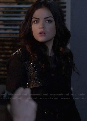 Aria's black spiked coat on Pretty Little Liars