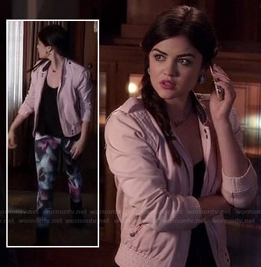 Aria's floral jeans and white jacket on Pretty Little Liars