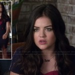 Aria’s navy blue and red heart colorblock dress and nameplate necklace on Pretty Little Liars