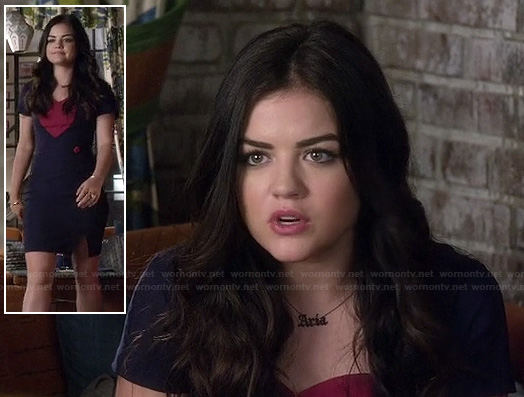 Aria’s navy blue and red heart colorblock dress and nameplate necklace on Pretty Little Liars