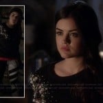 Aria’s black and white stripe pattern jeans and pearl embellished top on Pretty Little Liars