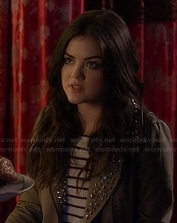 Aria's light brown studded jacket on Pretty Little Liars