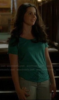 Bay’s teal blue tee with eyelet details on Switched at Birth