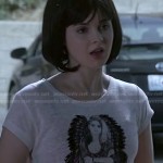 Bay’s white angel print tee on Switched at Birth