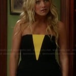 Chloe’s black strapless dress with neon yellow “V” on The Goodwin Games