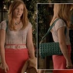 Daphne’s coral skirt, white printed tee and teal lattice shoulder bag on Switched at Birth