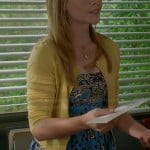 Daphne’s blue bandana printed dress with yellow cardigan on Switched at Birth