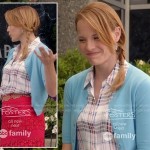 Daphne’s red lace skirt, plaid shirt and blue cardigan on Switched at Birth