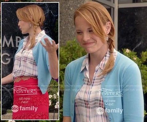 Daphne's red lace skirt, plaid shirt and blue cardigan on Switched at Birth