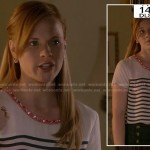 Daphne’s white striped top with pink embellished neckline and button front shorts on Switched at Birth