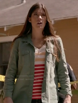 Debra's army green shirt and red and yellow striped top on Dexter