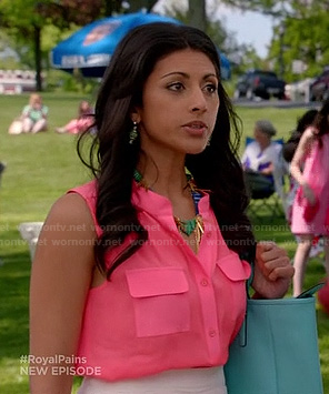 Divya’s hot pink sleeveless shirt on Royal Pains