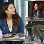 Emily’s denim moto jacket and leather studded chuck taylor sneakers on Pretty Little Liars