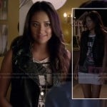 Emily’s graphic print tshirt dress and leather vest on Pretty Little Liars