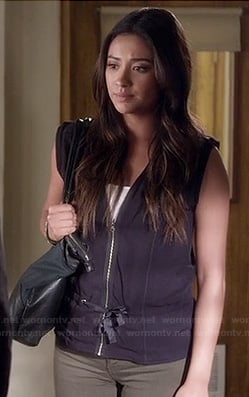 Emily’s tie front zip up vest on Pretty Little Liars