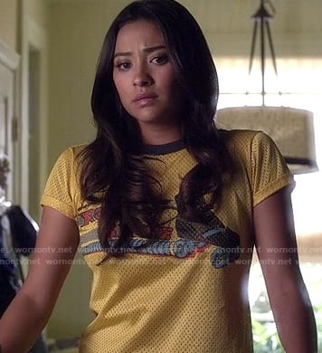 WornOnTV: Emily's yellow mesh roller skate tee on Pretty Little Liars |  Shay Mitchell | Clothes and Wardrobe from TV
