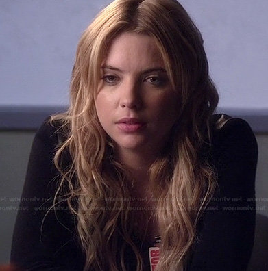 Hanna's black longsleeve top with leather shoulders on Pretty Little Liars