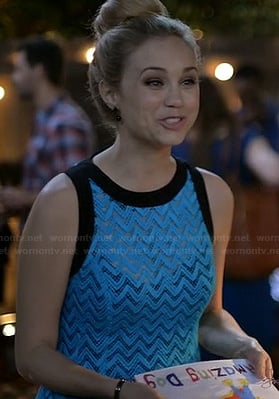Jenna's blue zig zag knit dress with black trim on Wilfred