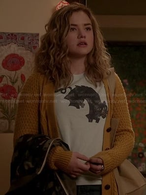 Jo's cat tee and yellow cardigan on Twisted