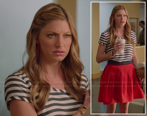 Josslyn's striped top and red pleated skirt on Mistresses