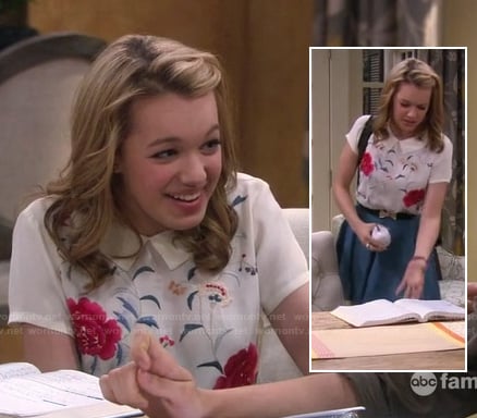 Keira's floral blouse and chambray skirt on Melissa and Joey