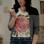 Kristen’s flower graphic tee and navy striped cardigan on Wilfred