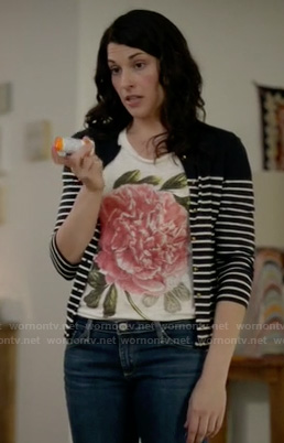 Kristen's flower graphic tee and navy striped cardigan on Wilfred