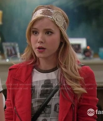 Lennox's camera print shirt and red moto jacket on Melissa and Joey