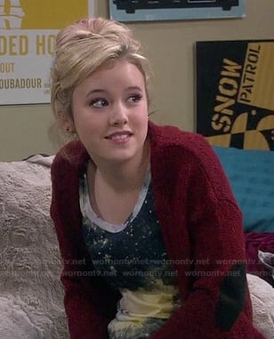 Lennox’s galaxy print top and red elbow patch cardigan on Melissa and Joey