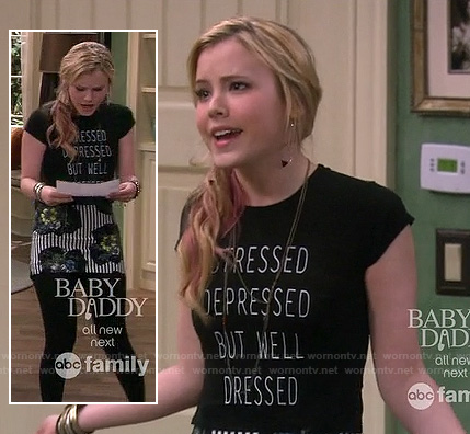 Lennox’s “Stressed Depressed But Well Dressed” top and striped skirt on Melissa and Joey