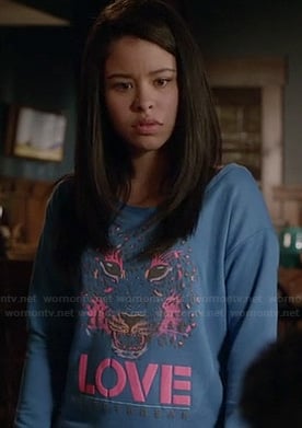 Mariana’s blue “LOVE” / “heartbreak” leopard graphic sweatshirt on The Fosters