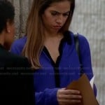 Marisol’s blue shirt with black contrast trim and collar on Devious Maids