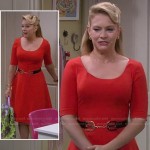 Mel’s red elbow sleeve flared dress on Melissa and Joey