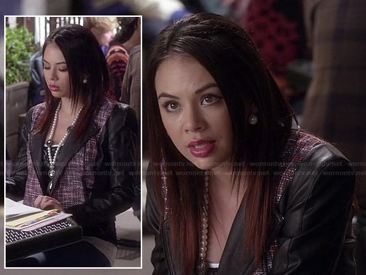 Mona's tweed jacket with black leather sleeves on Pretty Little Liars