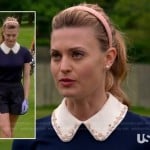 Paige’s blue top with white beaded collar on Royal Pains