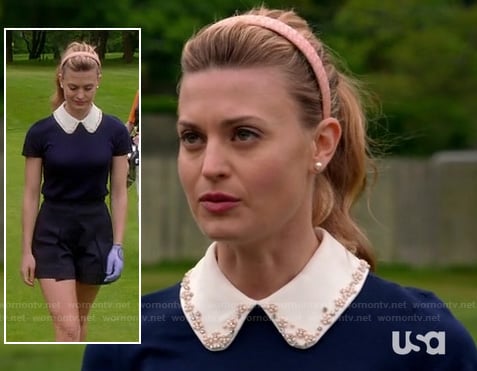 Paige's blue top with white beaded collar on Royal Pains