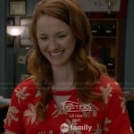 Parker’s red orchid print dress with triangle cutout neckline on Switched at Birth