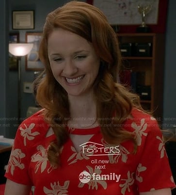 Parker's red orchid print dress with triangle cutout neckline on Switched at Birth