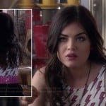 Aria’s pink lightning print top and pink studded belt on Pretty Little Liars