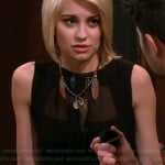 Riley’s black mesh panel dress and feather necklace on Baby Daddy