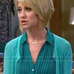 Riley’s teal green pintuck shirt and gold whale necklace on Baby Daddy