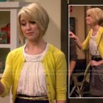 Riley’s white and silver polka dot top with bow, yellow cardigan and grey studded shoulder bag on Baby Daddy