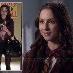 Spencer’s white shirt with burgundy printed collar and burgundy blazer on Pretty Little Liars