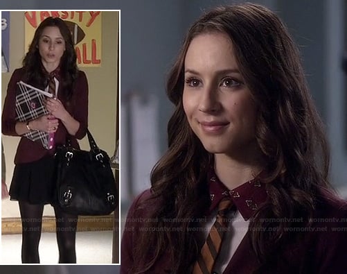 Spencer's white shirt with burgundy printed collar and burgundy blazer on Pretty Little Liars