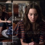 Spencer’s brown button up boots and printed flutter sleeve blouse on Pretty Little Liars