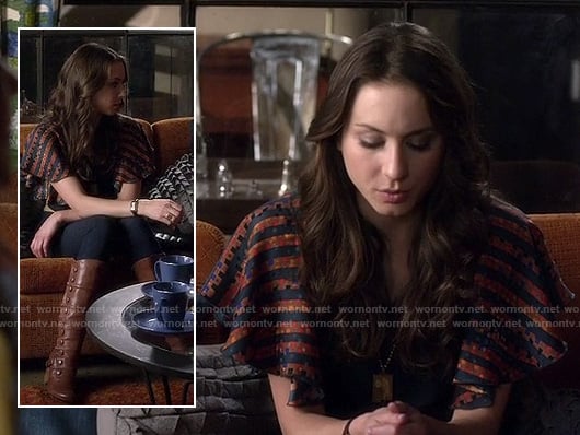 Spencer's brown button up boots and printed flutter sleeve blouse on Pretty Little Liars