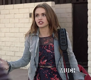 Lydia’s denim moto jacket and floral print dress on Teen Wolf