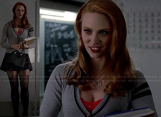 Jessica's grey cardigan with striped sleeve, mini skirt and black bag on True Blood