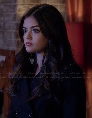Aria's black spiked coat and chevron/arrow drop earrings on Pretty Little Liars