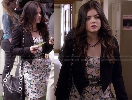Aria's floral dress with black cropped blazer with studded shoulders and spiked necklace on Pretty Little Liars